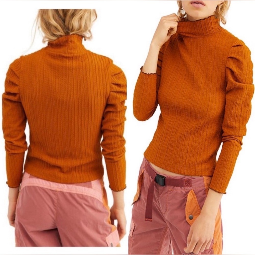Free People Ela Mock Neck Top Puff Sleeve Terracotta Textured Knit Poetcore S